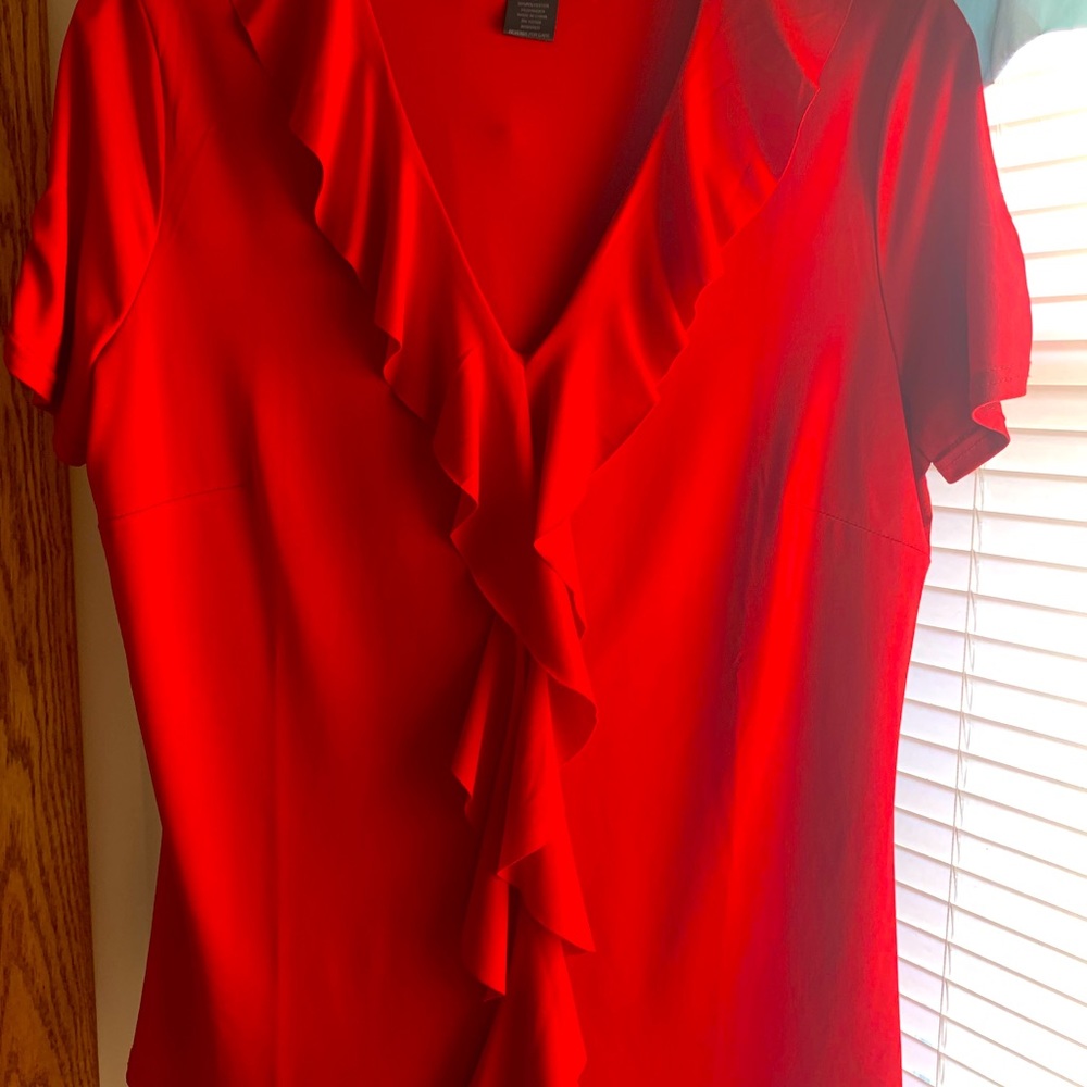 Rendition, size large beautiful red short sleeve ruffled shirt
